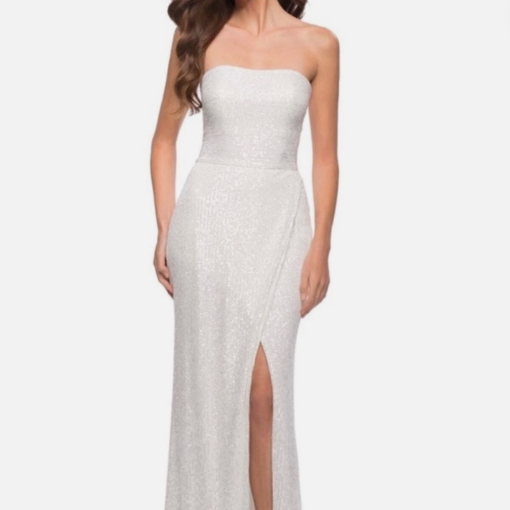 La Femme White Sequin Strapless Gown